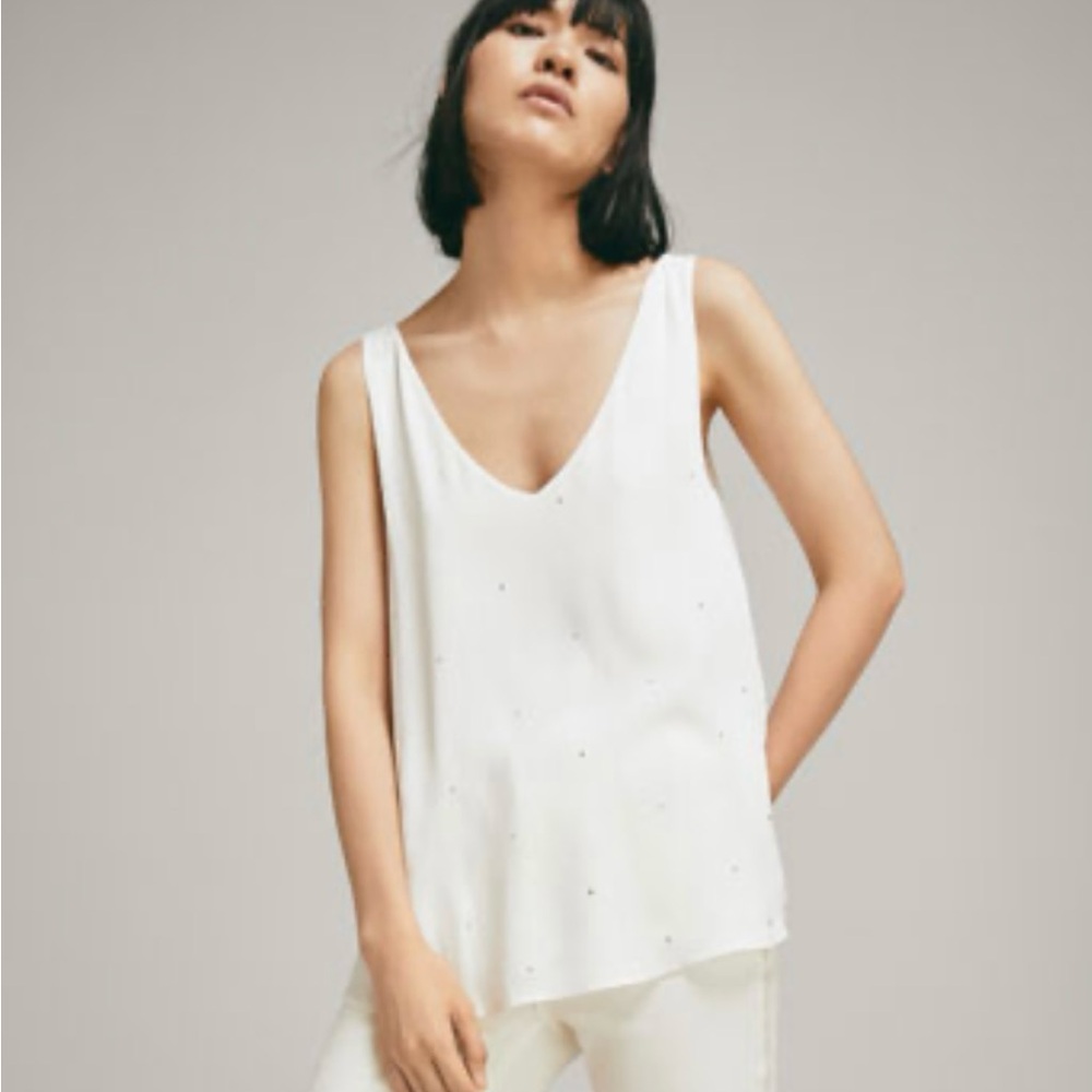 Massimo Dutti White V-Neck Tank Blouse with Rhinestone Embellishments